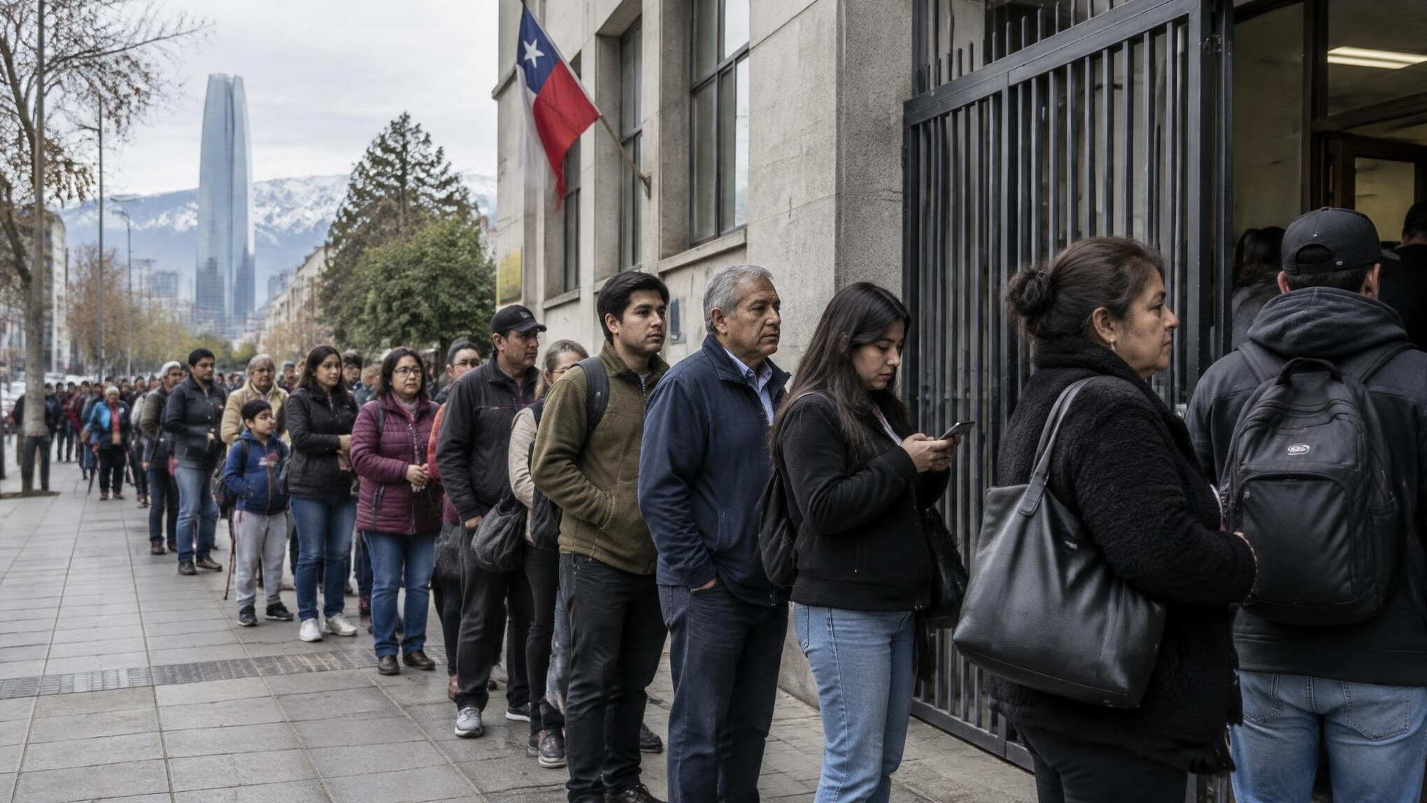 People waiting in a long line on a city street in Chile