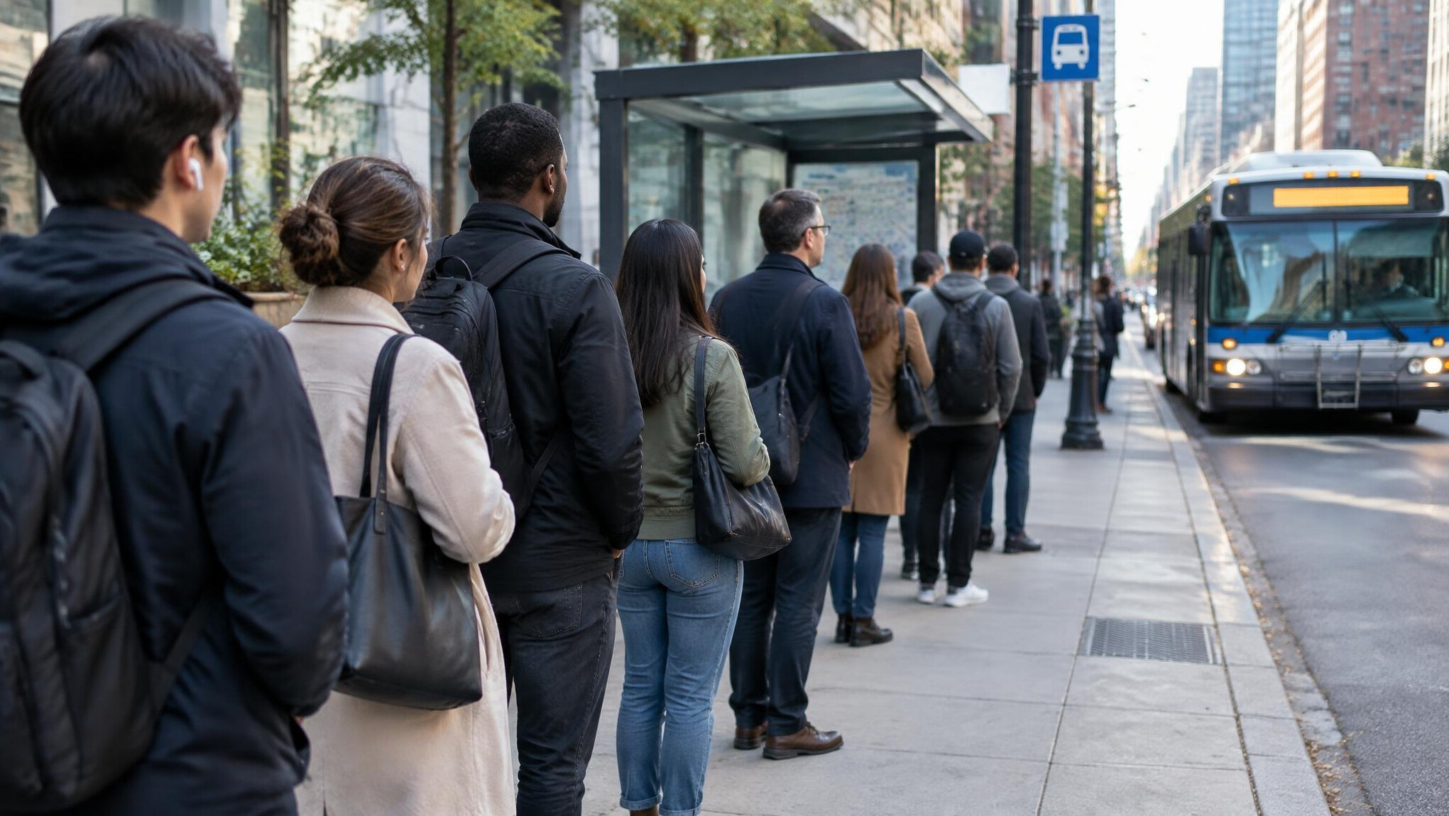 people waiting in line on city street