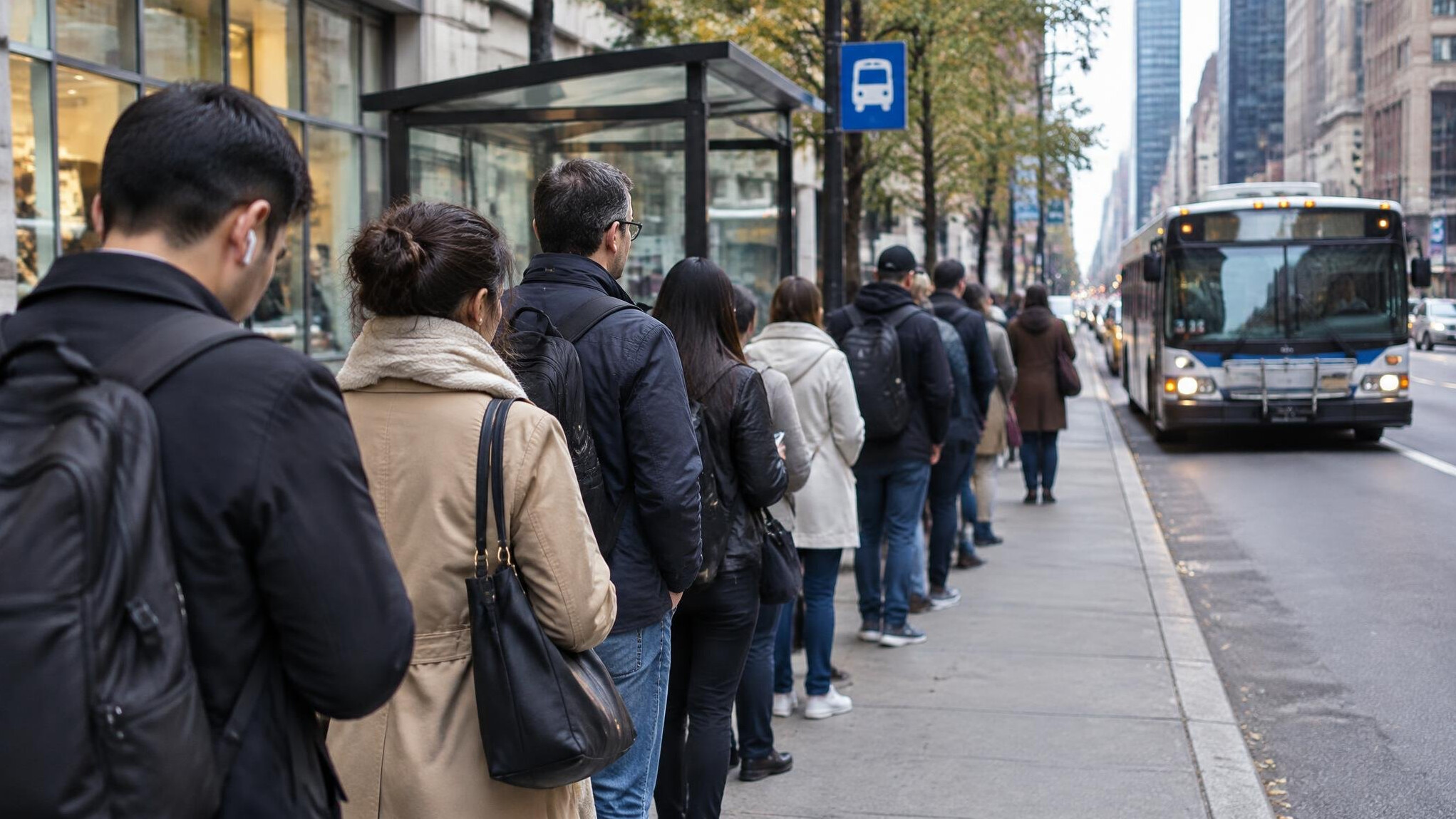 people waiting in line on city street