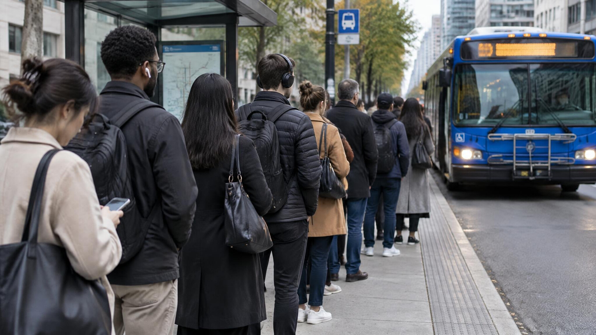 people standing in line at bus stop