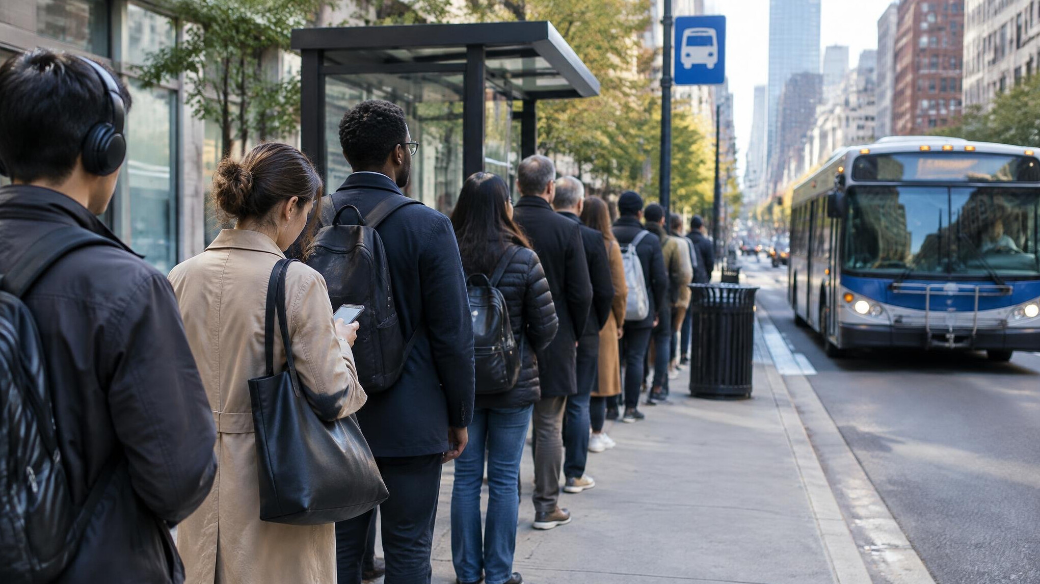people waiting in line on city street