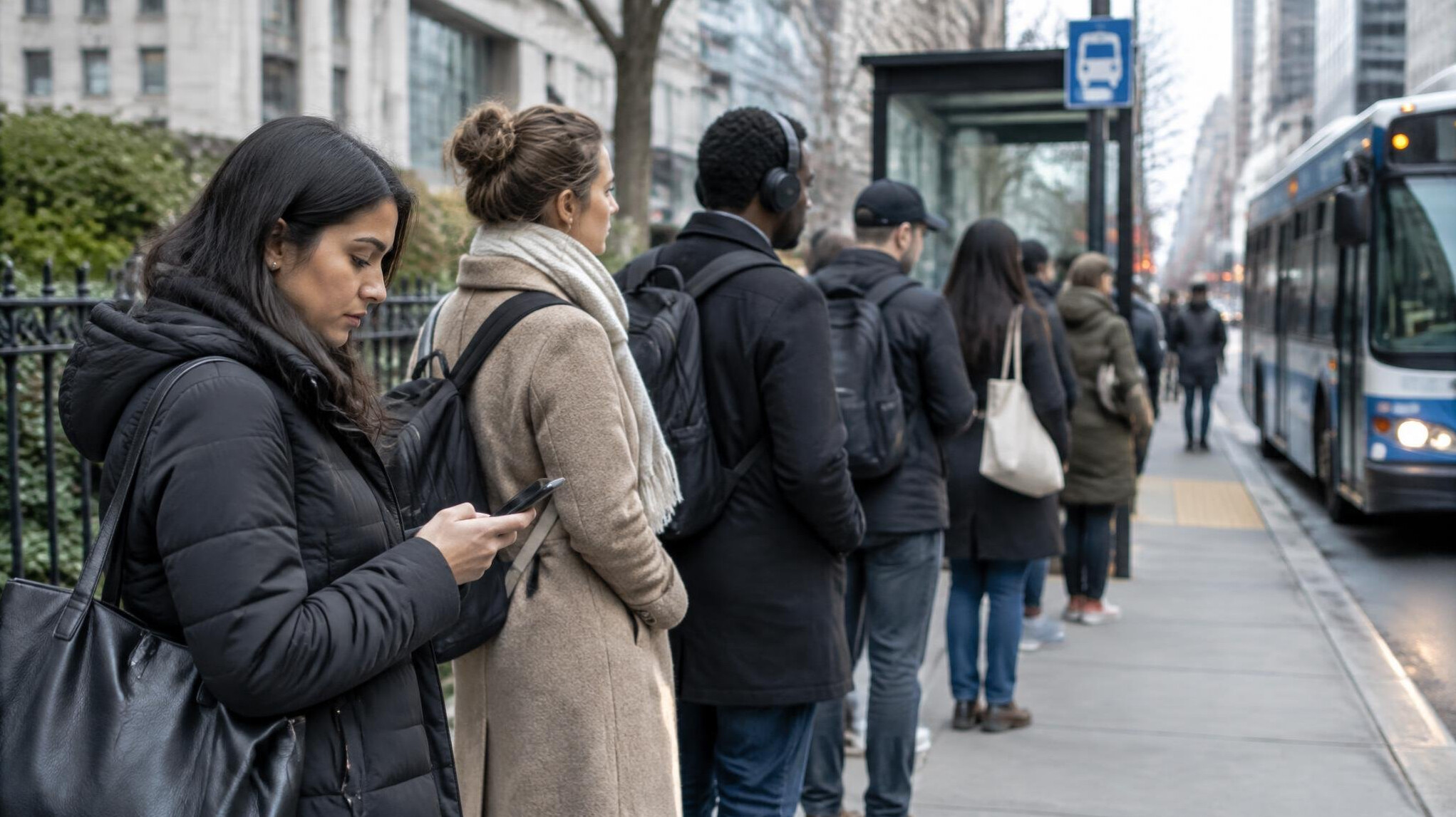 person checking phone in queue