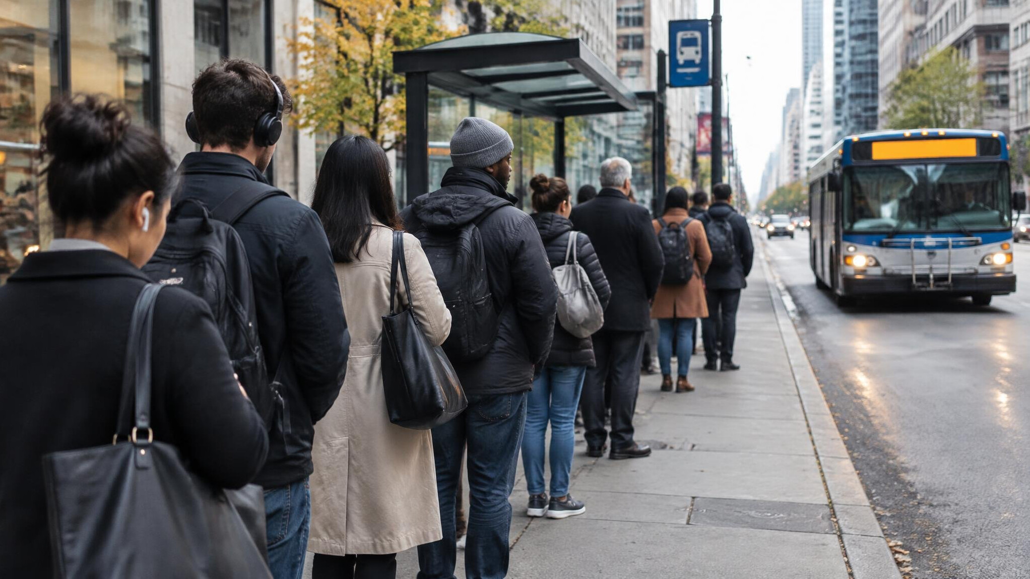 people waiting in line on city street
